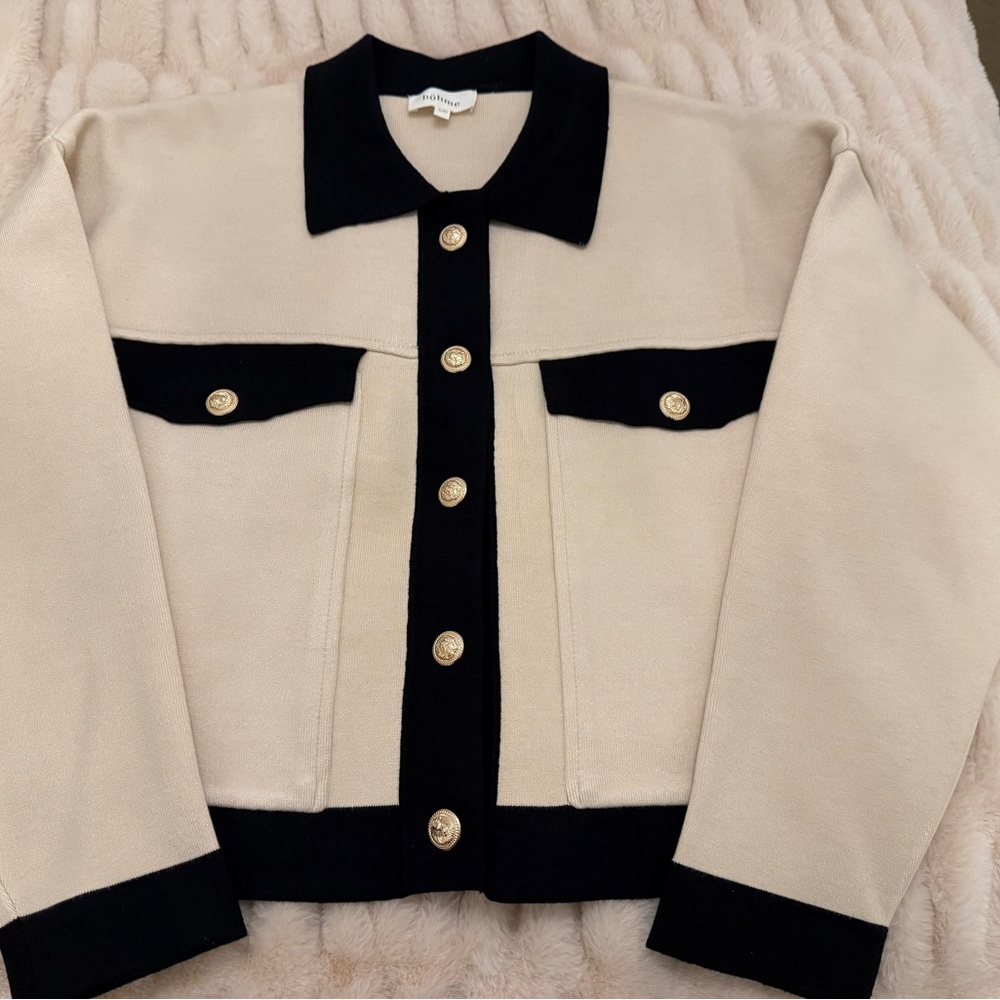 bohme Cream and Black Contrast Button Cardigan